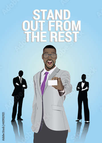 Excited businessman showing business card