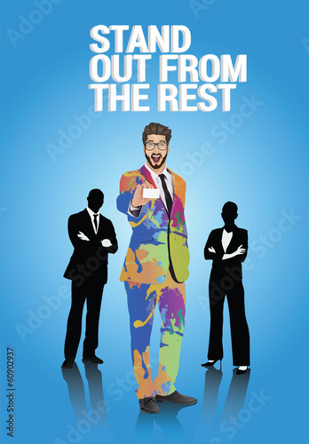Excited businessman in colourful suit showing card