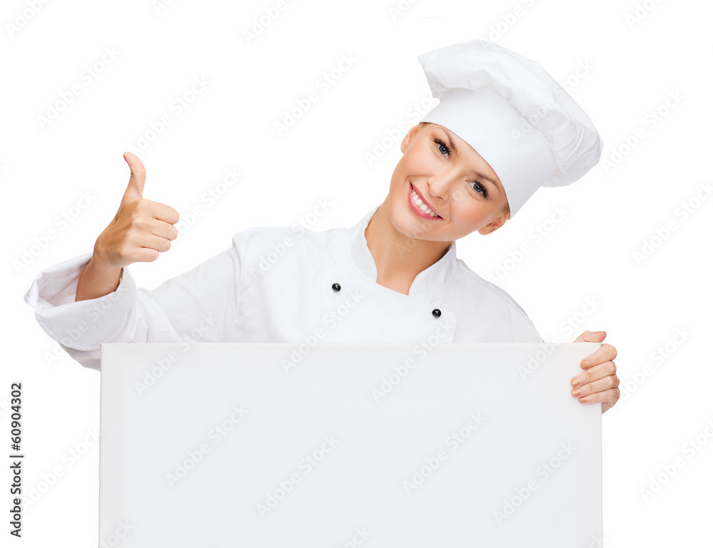 smiling female chef with white blank board smiling female chef with white blank board