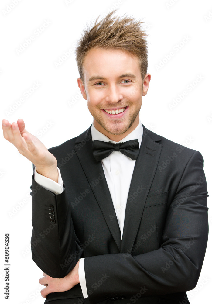 Half-length portrait of smiley business man with palm up Half-length portrait of smiley business man with palm up
