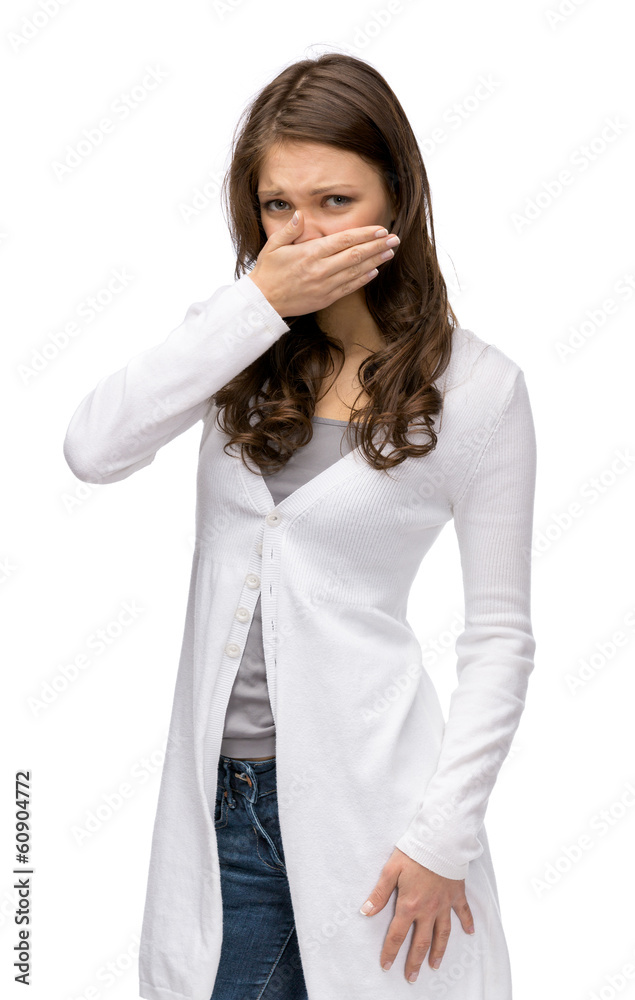 Portrait of girl covering her nose, isolated on white Portrait of girl covering her nose, isolated on white