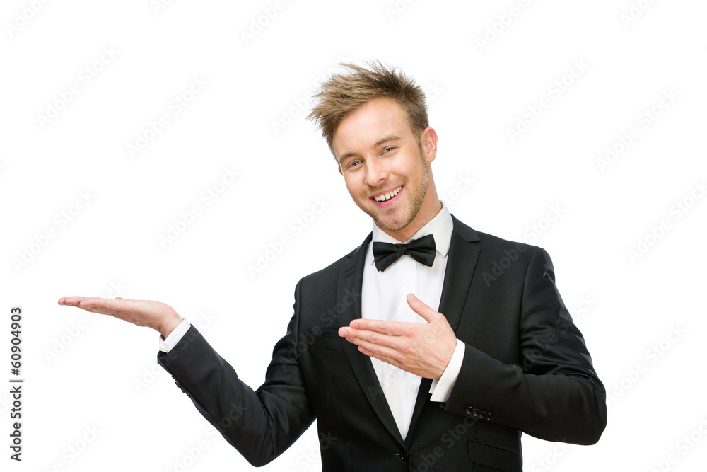 Half-length portrait of business man with palms up Half-length portrait of business man with palms up