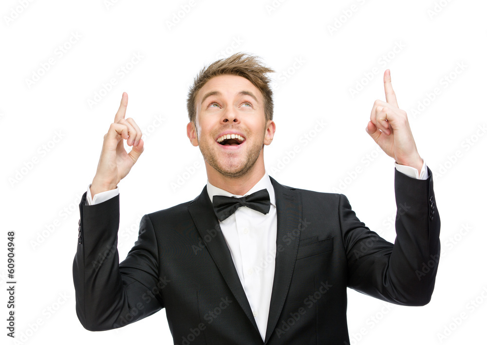 Half-length portrait of white collar pointing finger gesture Half-length portrait of white collar pointing finger gesture