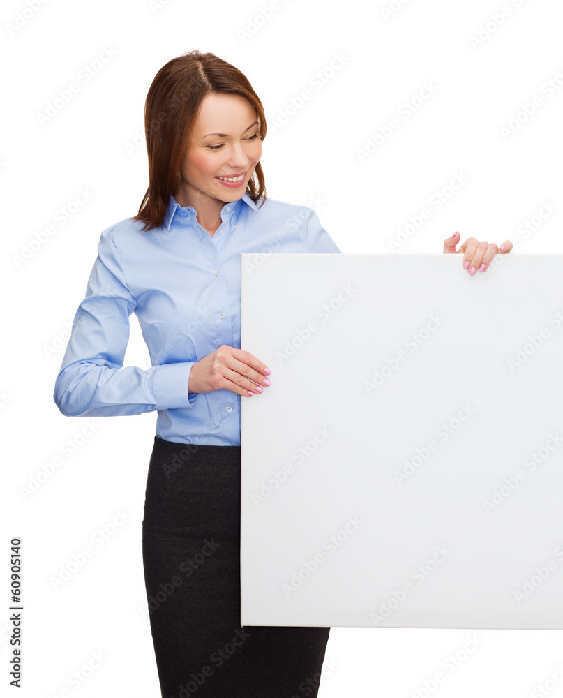 smiling businesswoman with white blank board smiling businesswoman with white blank board