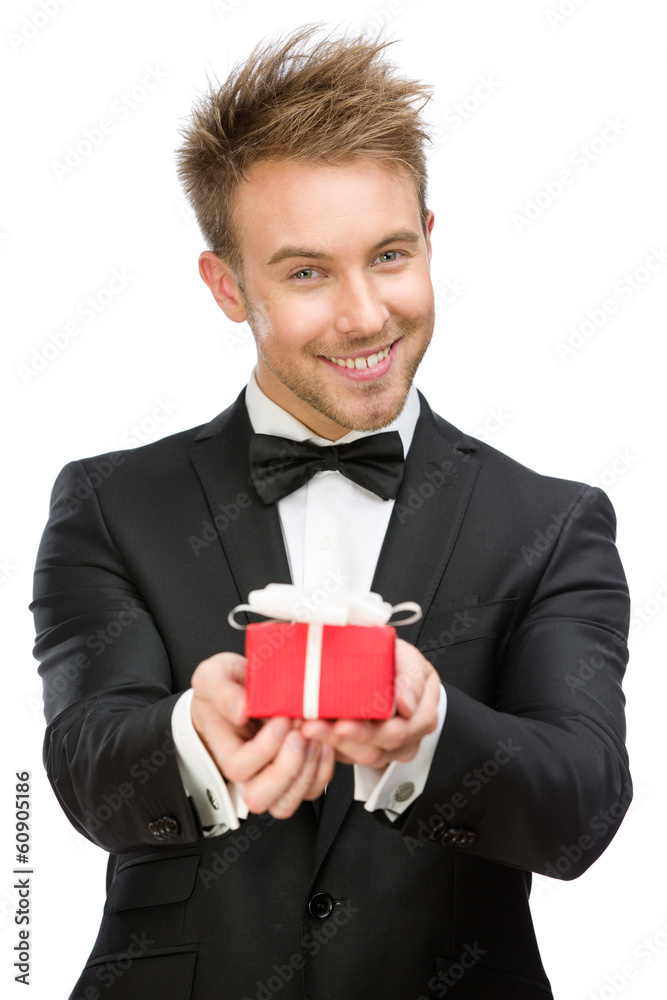 Half-length portrait of manager keeping gift box Half-length portrait of manager keeping gift box