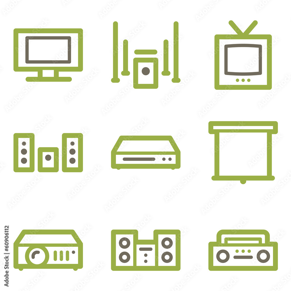 Audio video icons, green line contour series Audio video icons, green line contour series