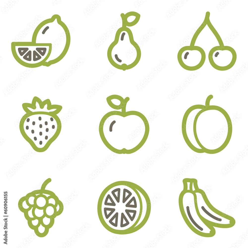 Fruits icons, green line contour series Fruits icons, green line contour series