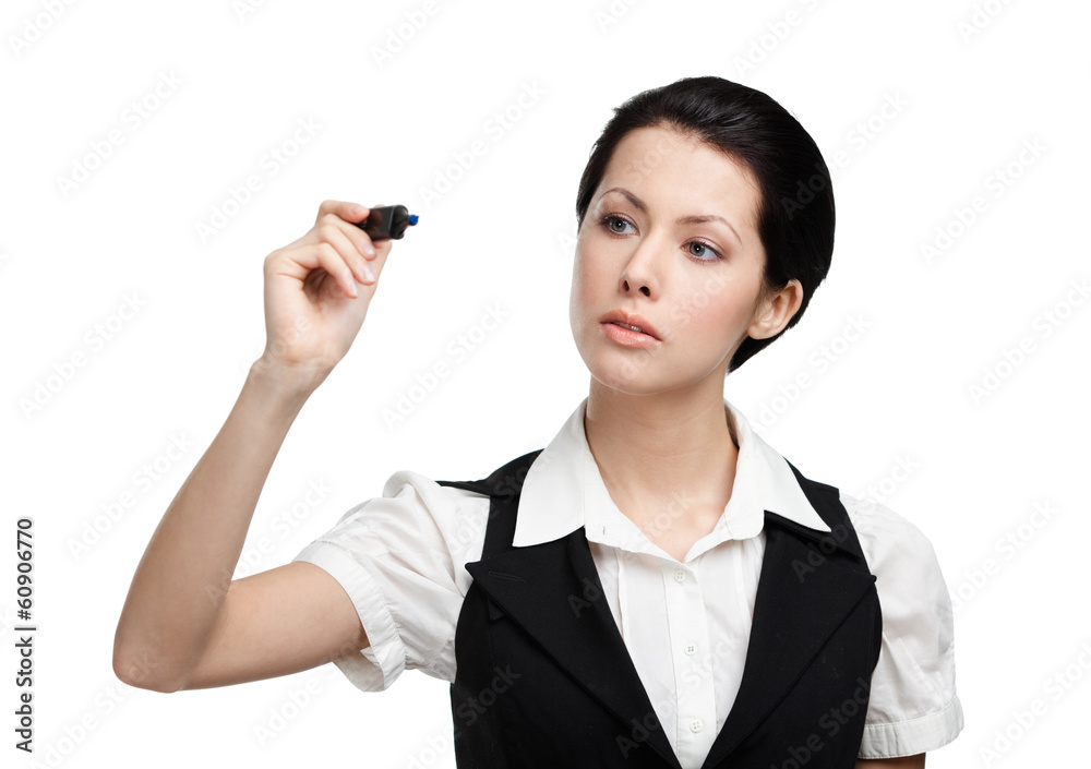 Business woman writing on the invisible screen Business woman writing on the invisible screen