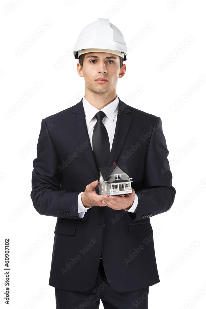 Businessman in white headpiece hands model house Businessman in white headpiece hands model house