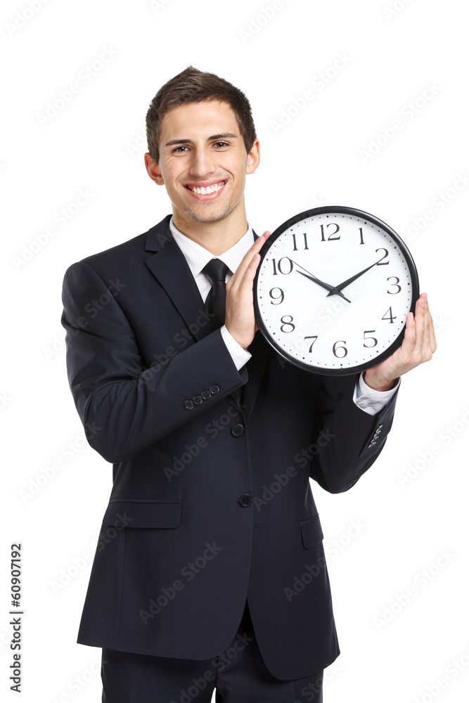 Half-length portrait of business man holding clock Half-length portrait of business man holding clock