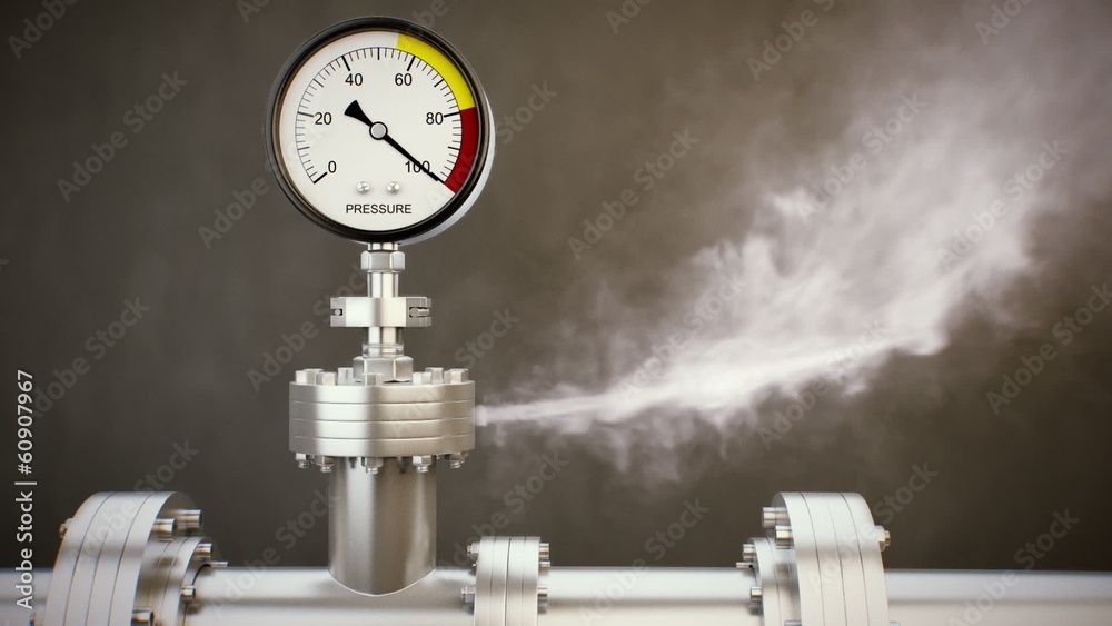 Gas or steam leaking from an industrial pressure gauge.