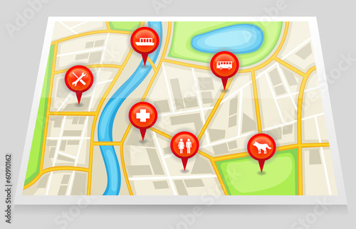 A city map with important location in red marker 2 (vector)