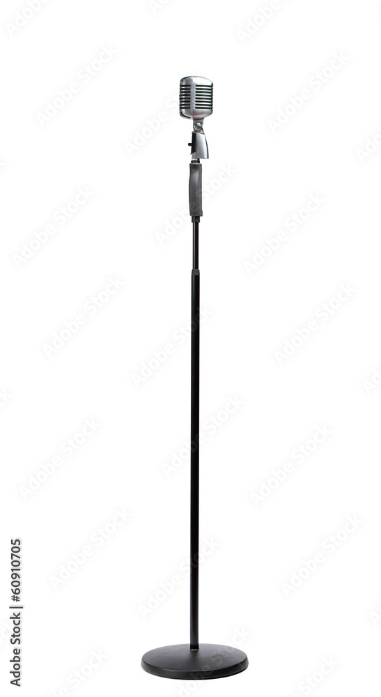 Fototapeta premium Full-length static silver microphone, isolated on white