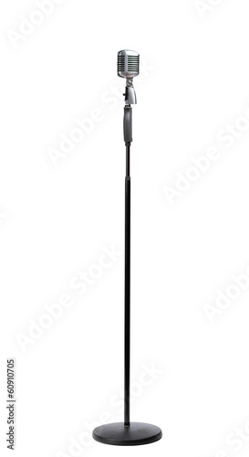 Full-length static silver microphone, isolated on white
