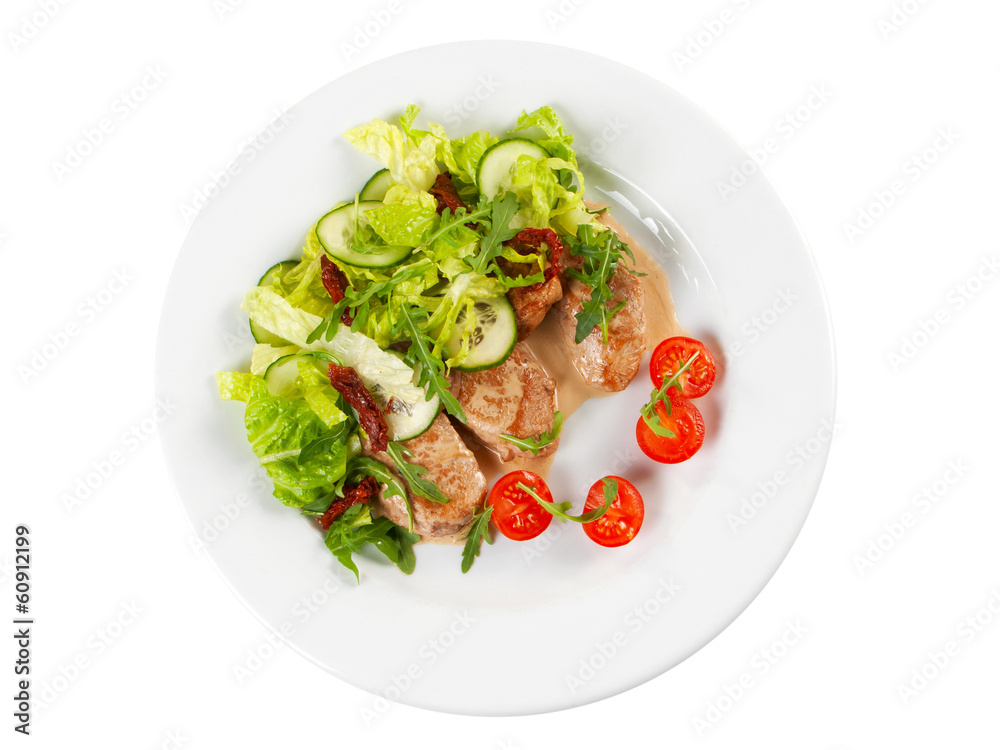 roasted pork steak with salad