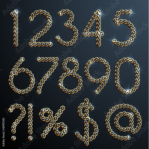 Set of shiny diamond digits and symbols