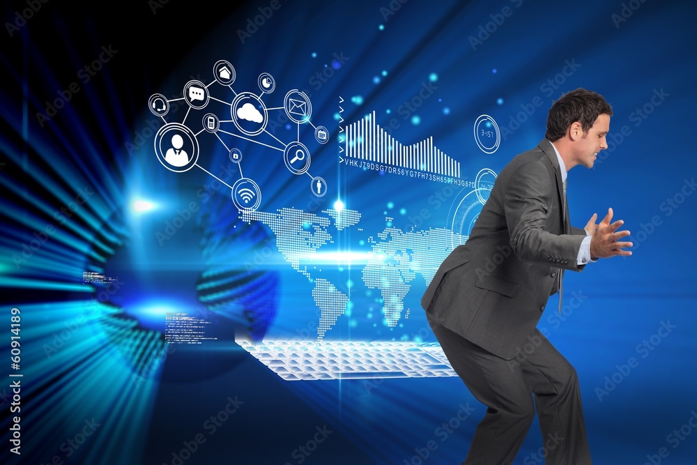 Composite image of businessman standing with arms out Composite image of businessman standing with arms out