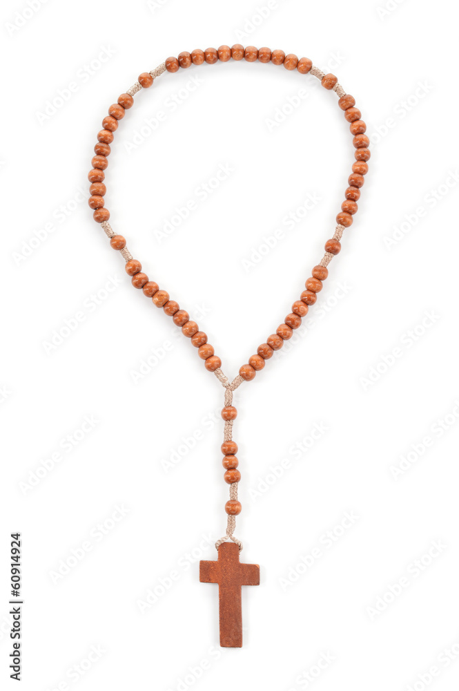 Naklejka premium Wooden plain rosary on white background.