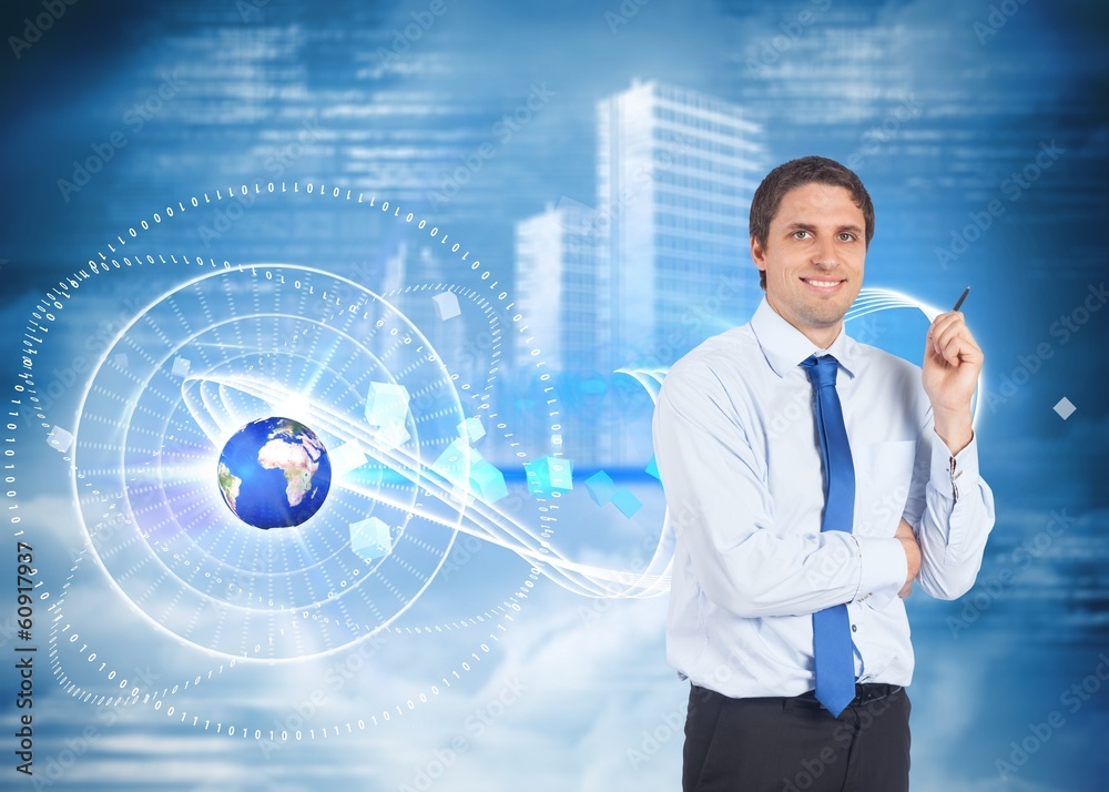 Composite image of thinking businessman holding pen Composite image of thinking businessman holding pen