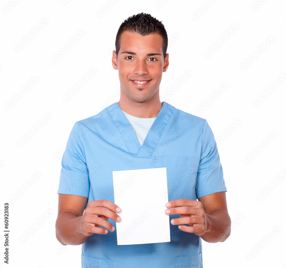 Attractive nurse man holding a blank white card Attractive nurse man holding a blank white card