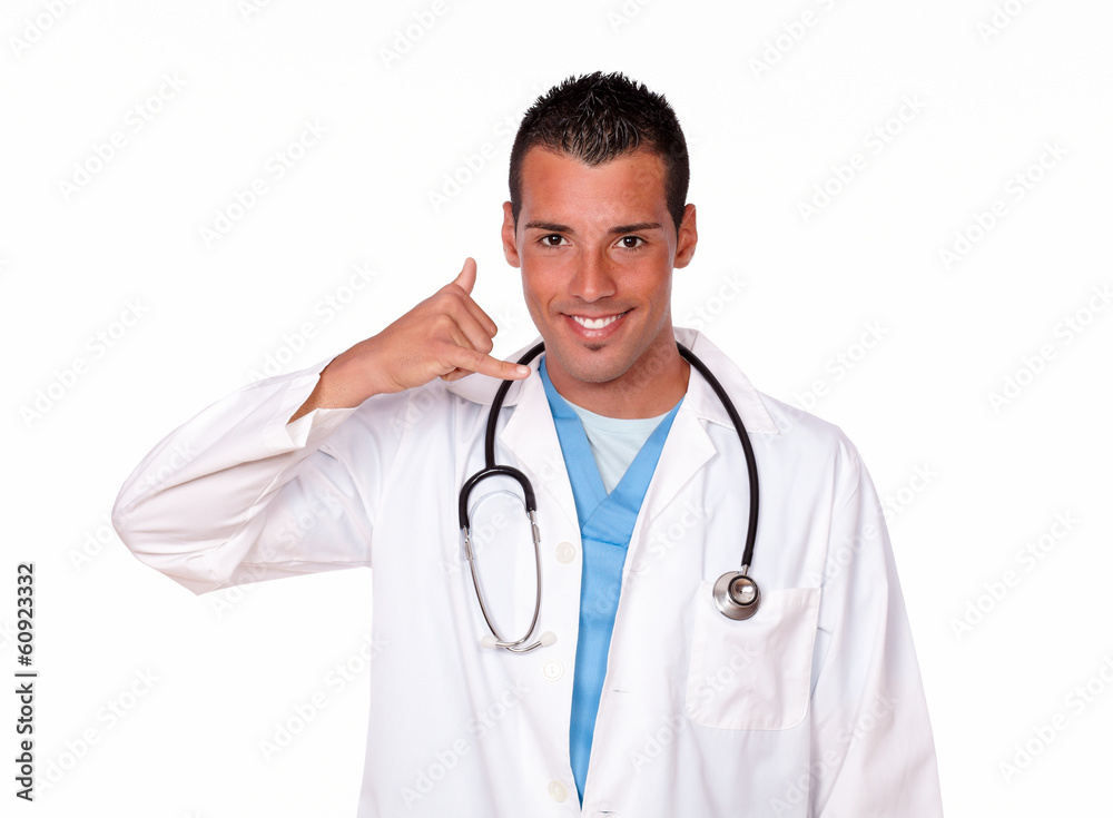 Charming doctor on white coat with call sign Charming doctor on white coat with call sign