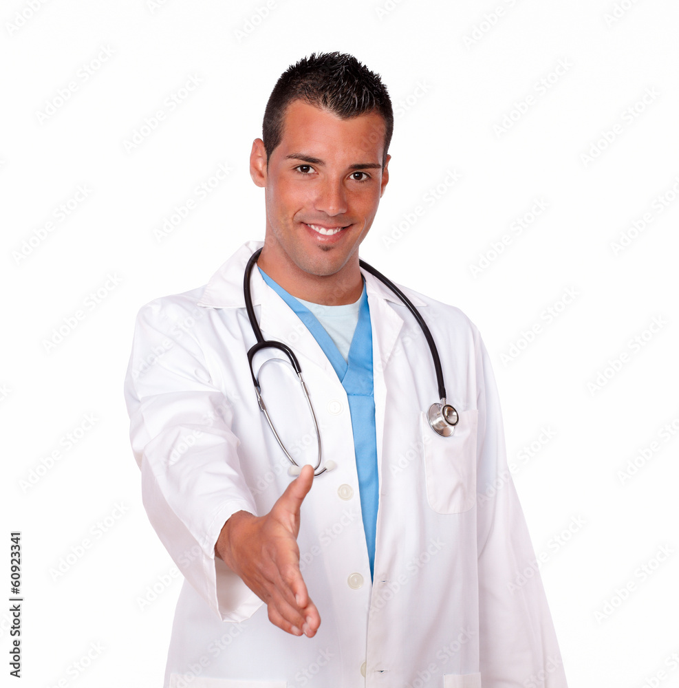 Handsome male doctor with greeting gesture Handsome male doctor with greeting gesture