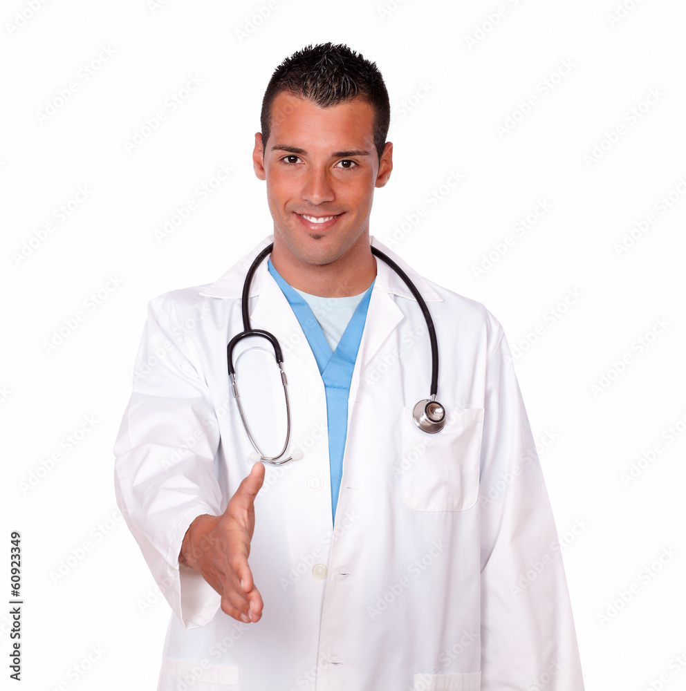 Medical hispanic doctor with greeting gesture Medical hispanic doctor with greeting gesture