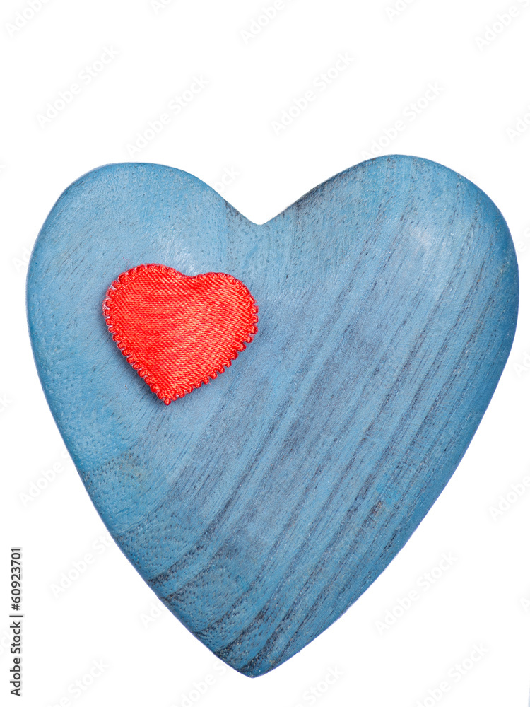 Blue wooden handmade heart on a white background