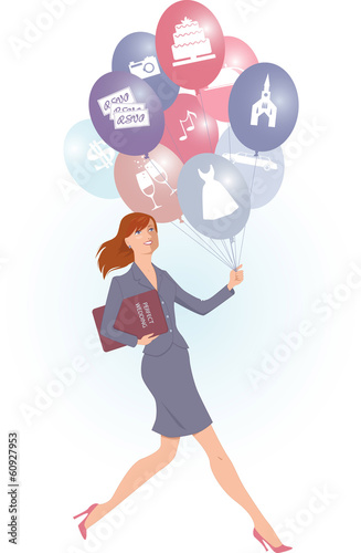 Wedding planner carrying balloons with wedding icons