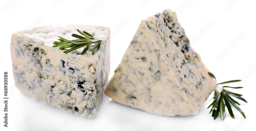 Tasty blue cheese with rosemary, isolated on white