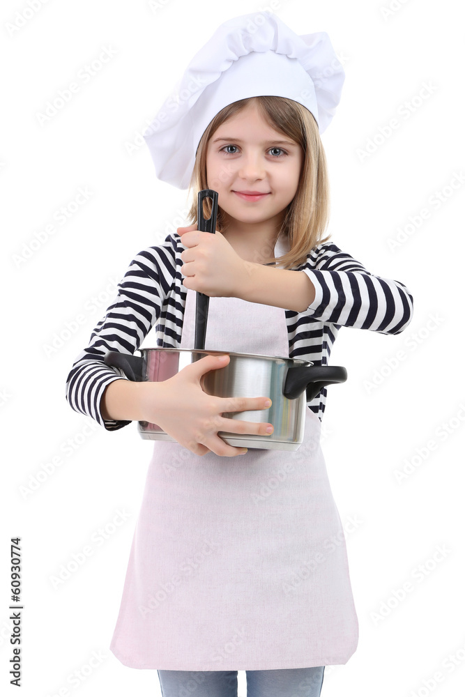 Beautiful little girl holding kitchen spoon and pan isolated Beautiful little girl holding kitchen spoon and pan isolated