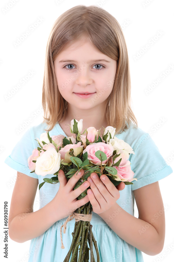 Beautiful little girl holding bouquet isolated on white Beautiful little girl holding bouquet isolated on white