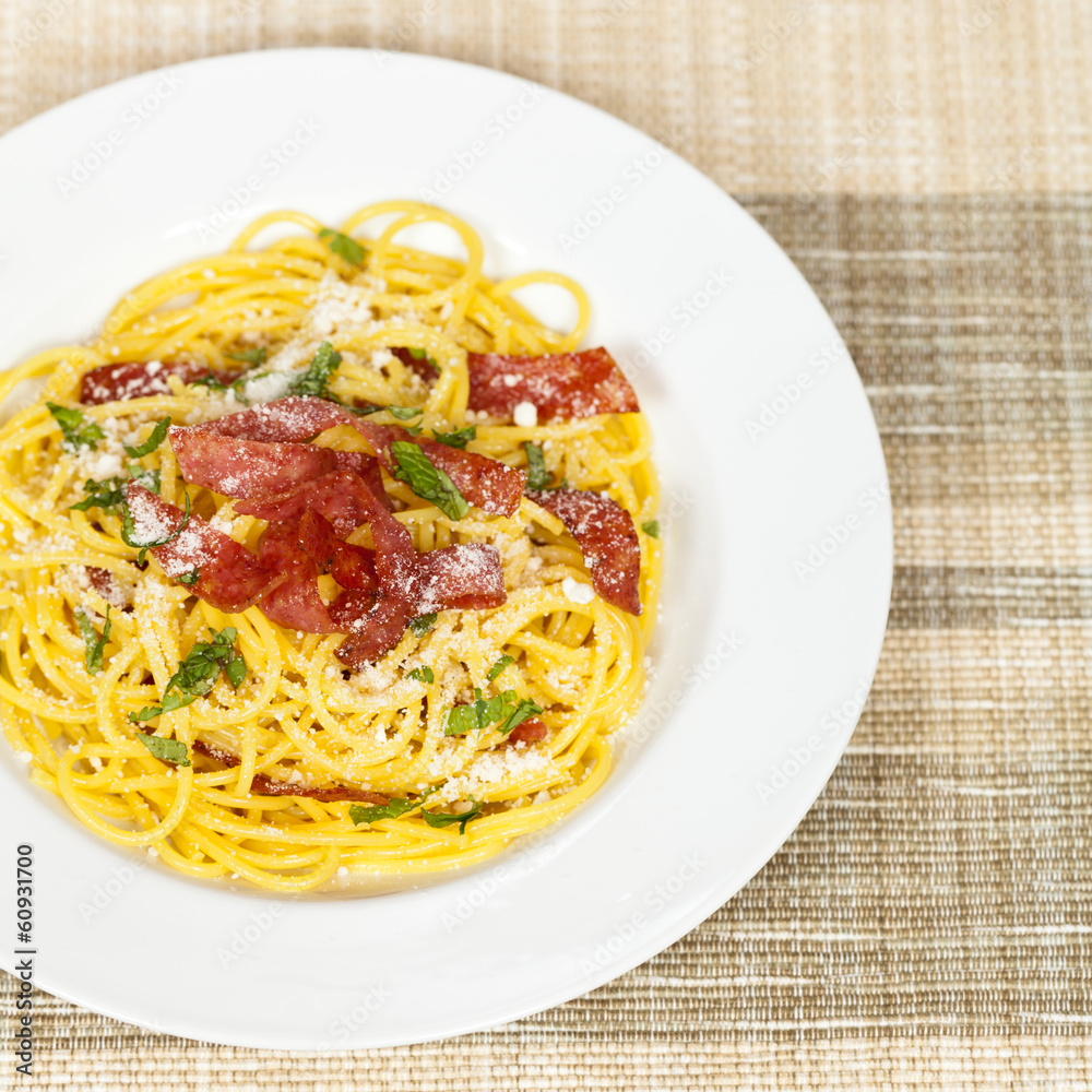 Pasta with crispy salami