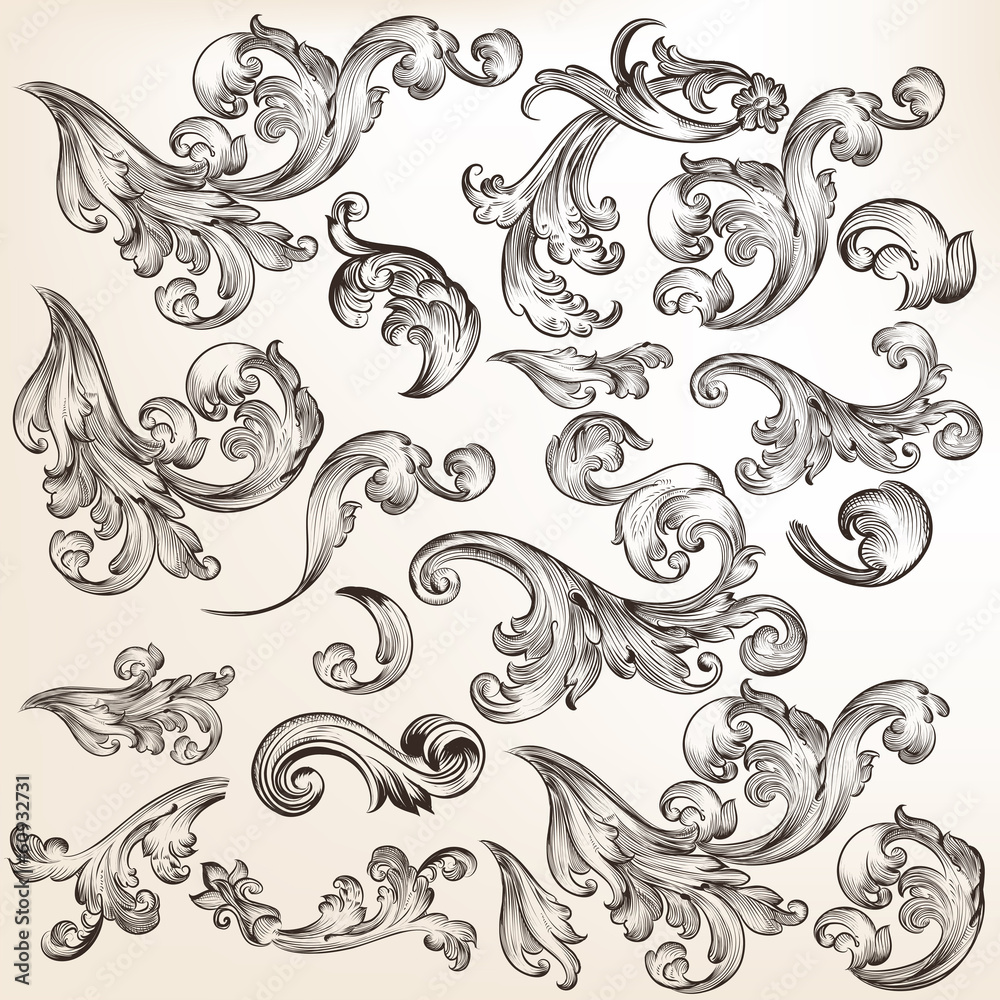 Floral set of vector decorative swirl elements in vintage style Floral set of vector decorative swirl elements in vintage style
