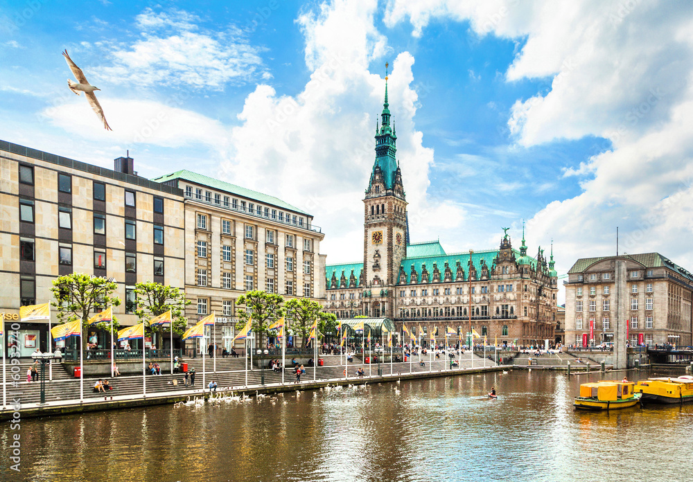 Hamburg city center with town hall and Alster river, Germany