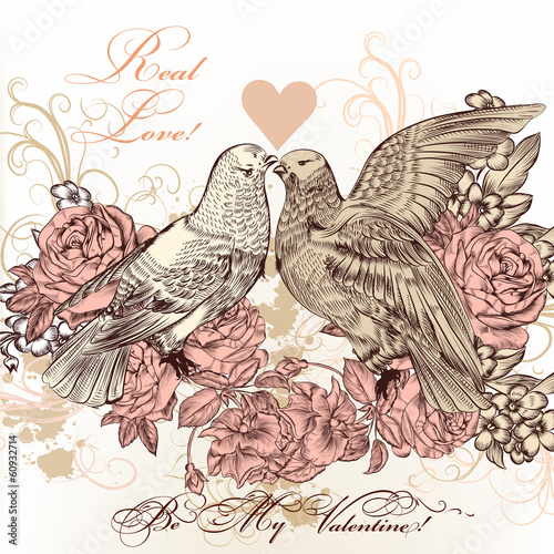 Fashion Valentine card with birds and roses in vintage style
