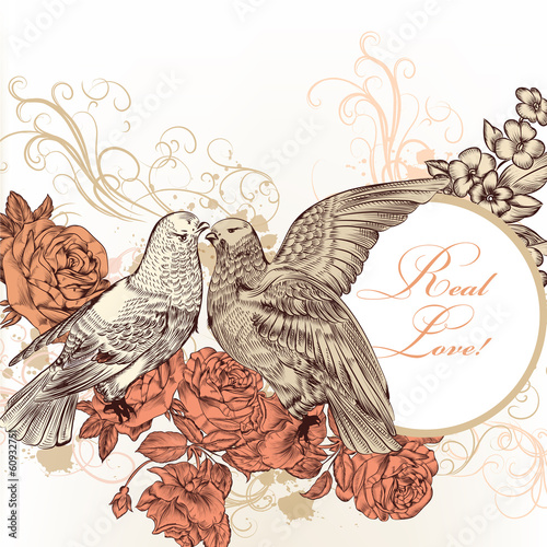 Grunge vector card on Valentine's day with couple of doves and r