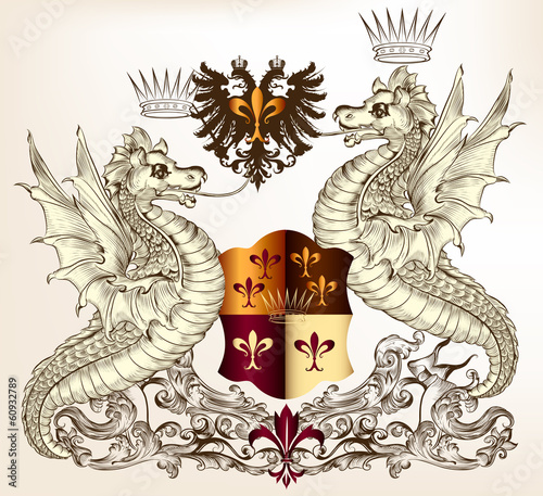 Heraldic design with dragons and shield