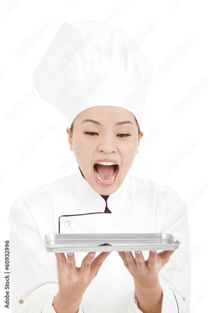 beautiful woman chef screaming and holding tray beautiful woman chef screaming and holding tray
