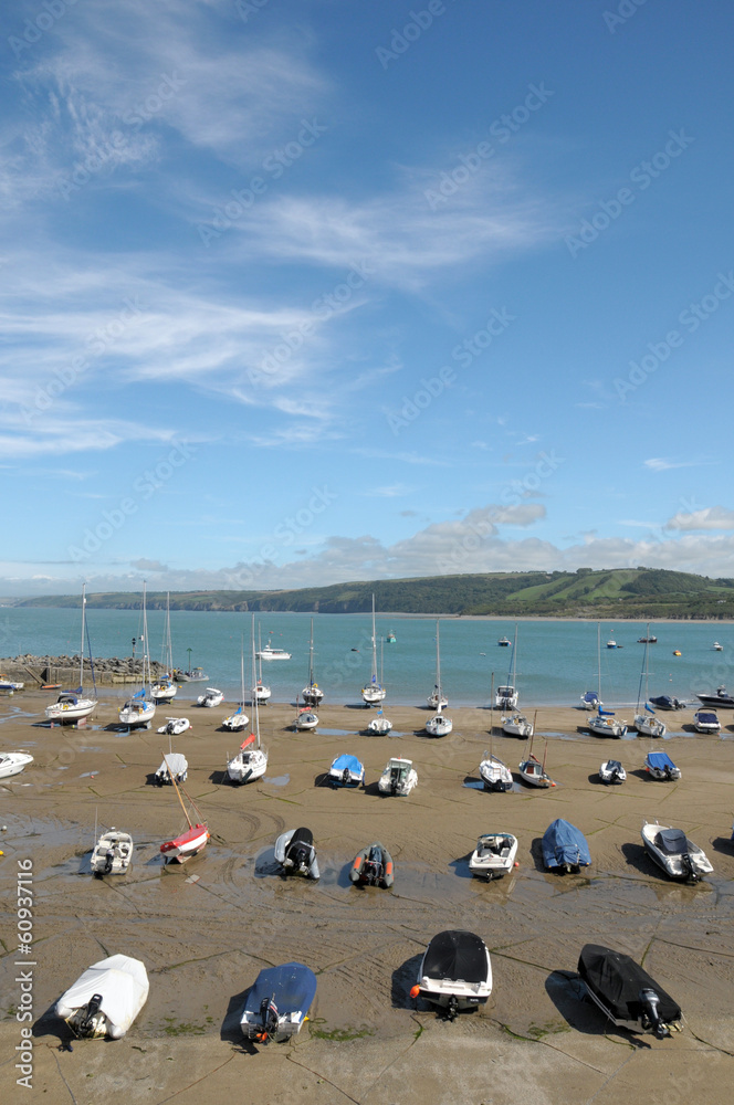 Boats moored in harbour town of New Quay on Cardigan coast