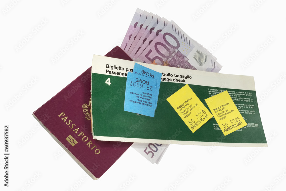 Airline ticket, passport and euro banknotes Airline ticket, passport and euro banknotes