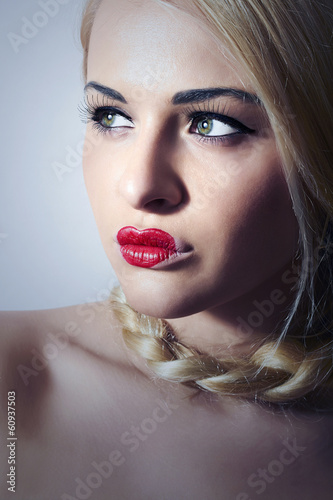 Beautiful Blond Woman with Heart on Lips.Make-up.Freak Girl