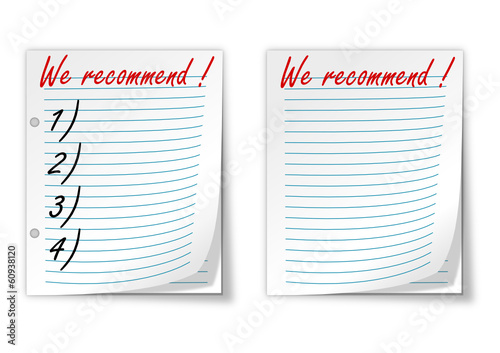 Lined paper with the words "we recommend" - vector