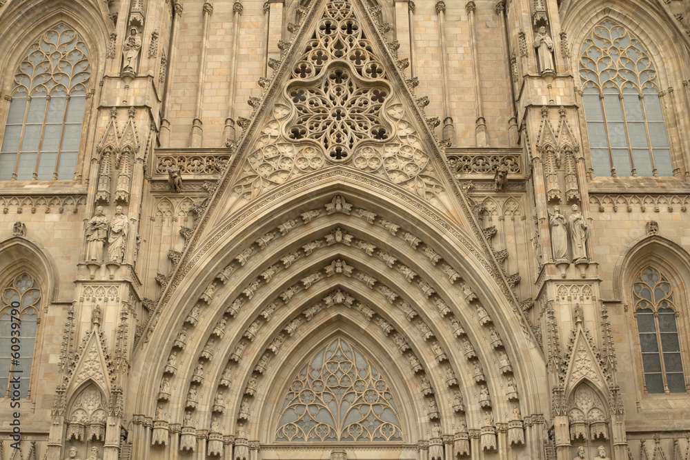 Entrance portal of Gothic Barcelona Cathedral