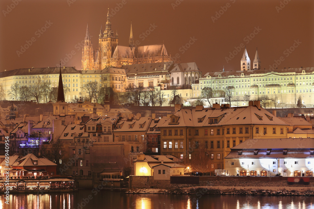 Night romantic snowy Prague gothic Castle, Czech republic