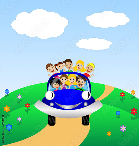 family go by rest in blue car