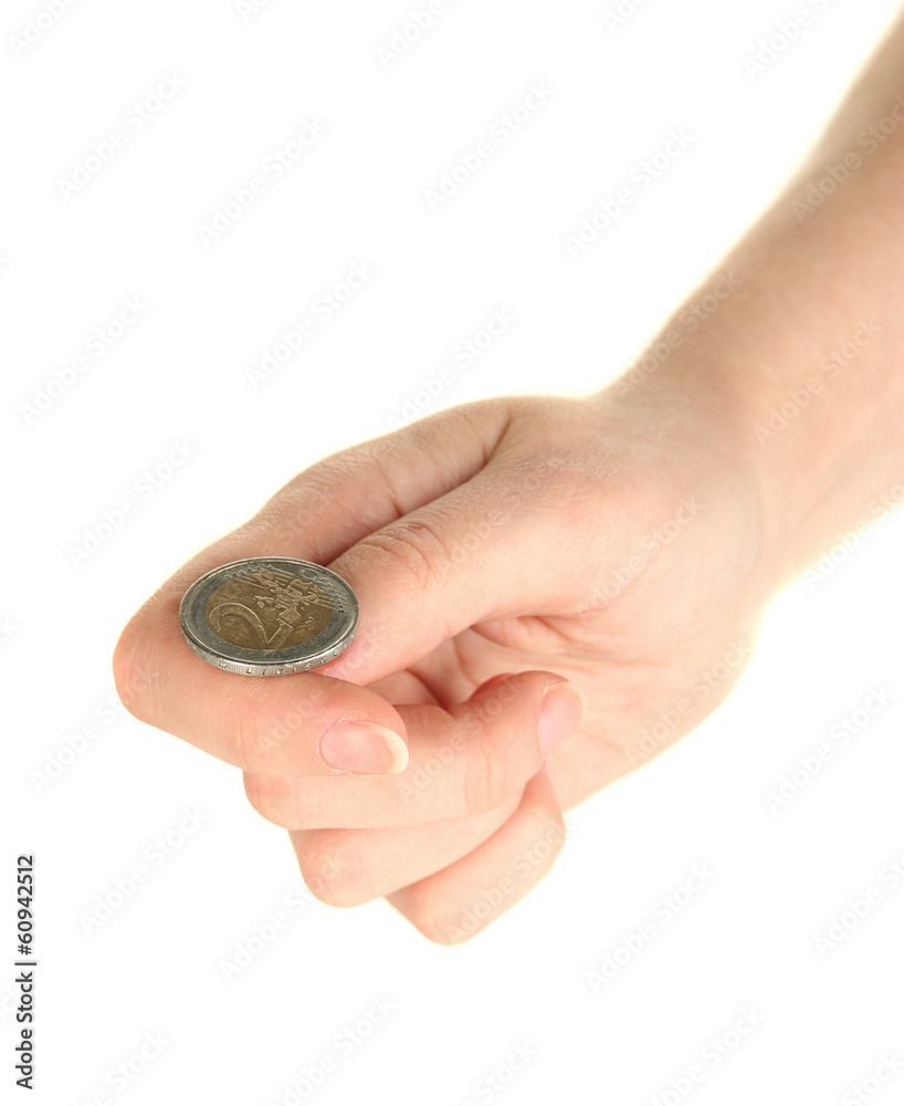 Hand of woman flipping coin isolated on white Hand of woman flipping coin isolated on white