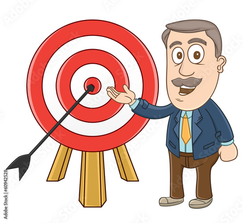 Businessman showing his arrow on the center of the dart