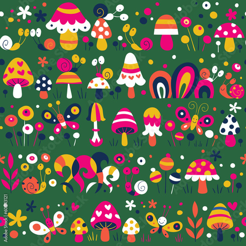 mushrooms snails butterflies pattern