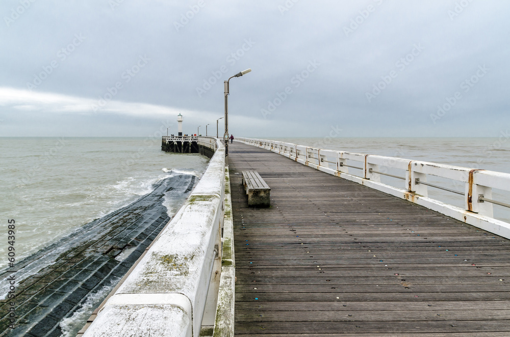 Wooden pier entrance of North Sea port in Nieuwpoort